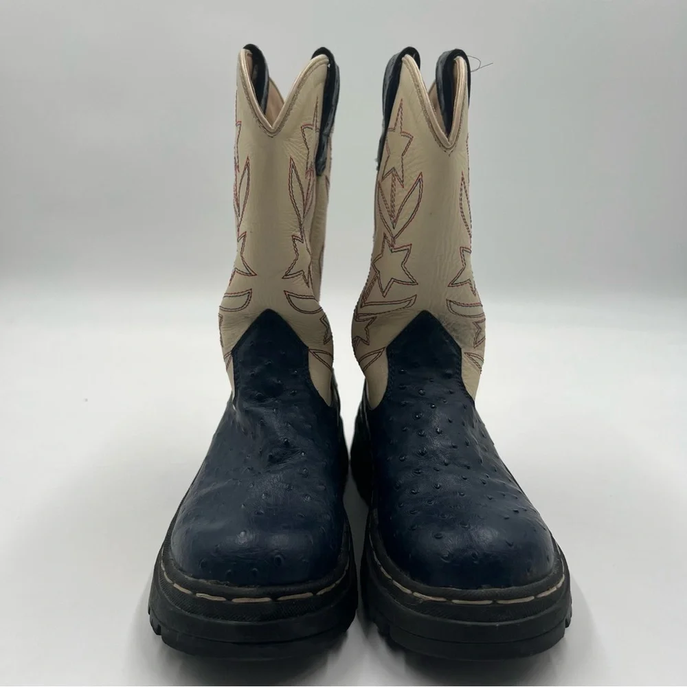 Cimarron Footwear Kids Western Cowboy Boots Navy‎ Ostrich Star Embroidery 3.5Y